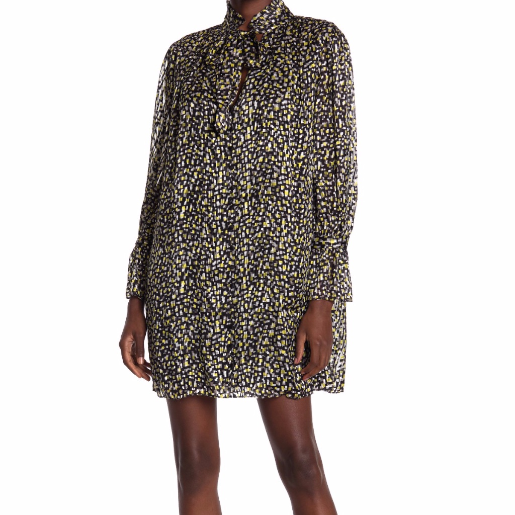 Nwt $440 Alice + Olivia Rei Ruffle Collar Tie Shift Dress In Size Large!